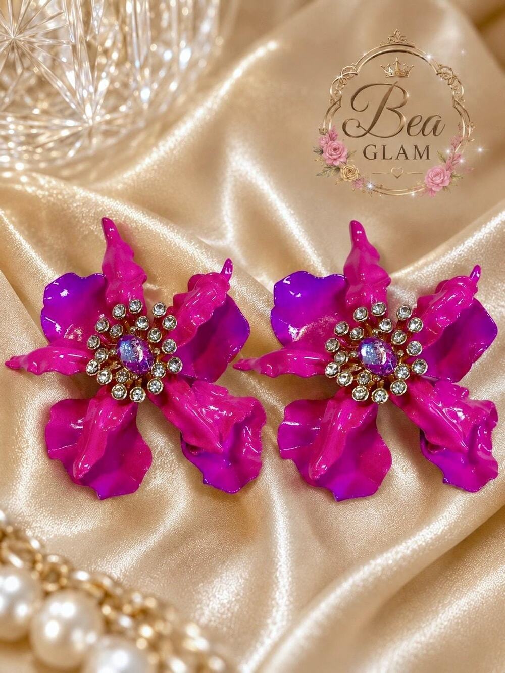 Betsey Johnson Orchid Flower Earrings, Hand-Painted Enamel, Crystal Studs